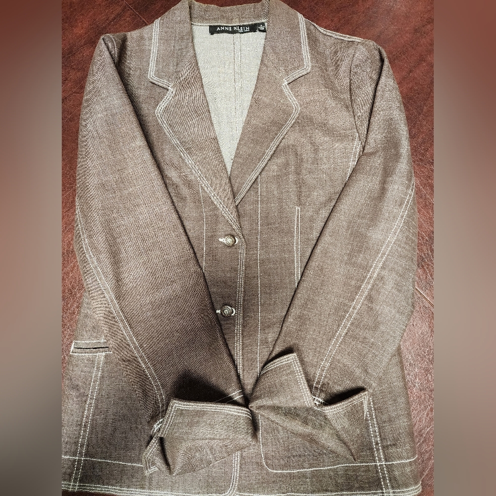 Anne Klein Sz 6 Women's Denim Jean Blazer Tannish brown Long Sleeve Cuff